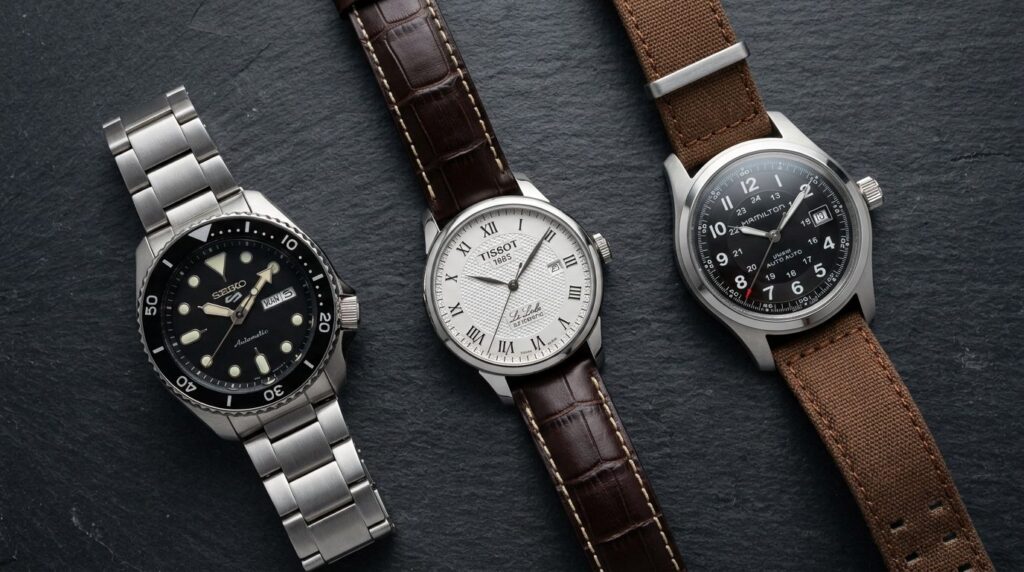 Flat lay product photography of three different mens watche