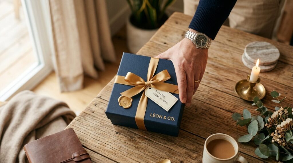 Overhead shot of a mans hand presenting a luxury watch gift