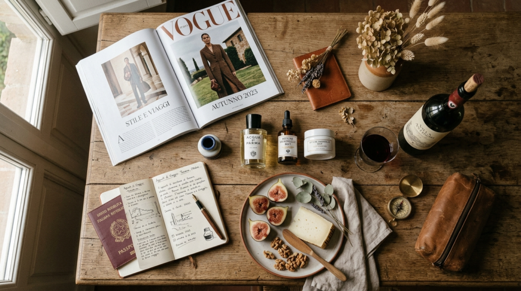 Overhead flat lay of a curated travel lifestyle setup on age
