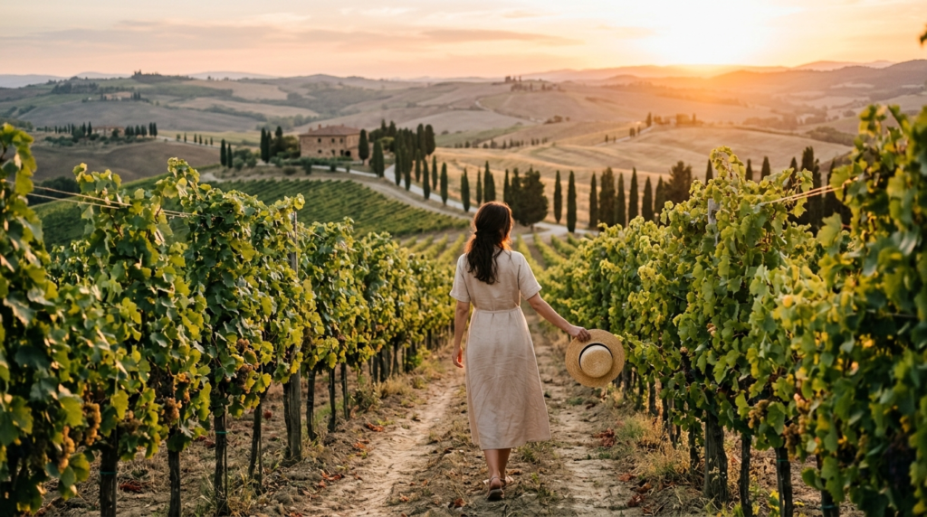 Authentic Tuscan agriturismo scene: woman in minimalist beig