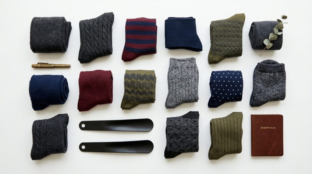 Flat lay overhead shot of premium mens work socks collectio