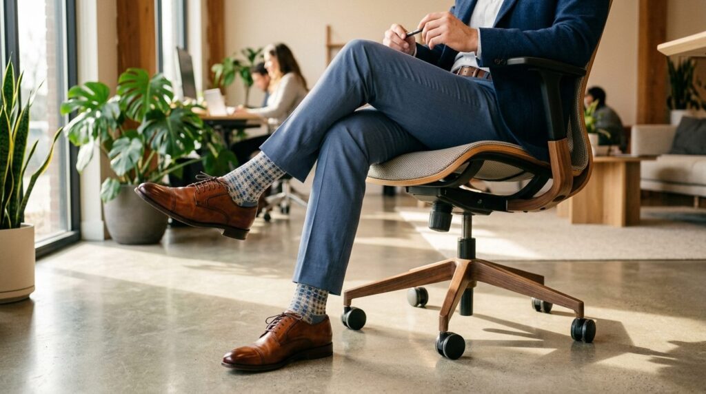 Lifestyle fashion photograph of mans lower body sitting cas