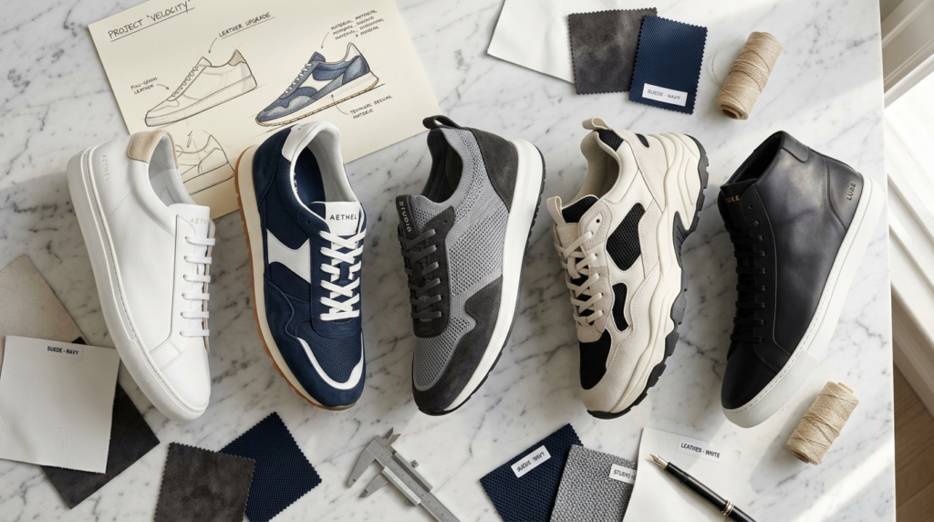 Close-up flat lay of five premium sneaker models arranged ar