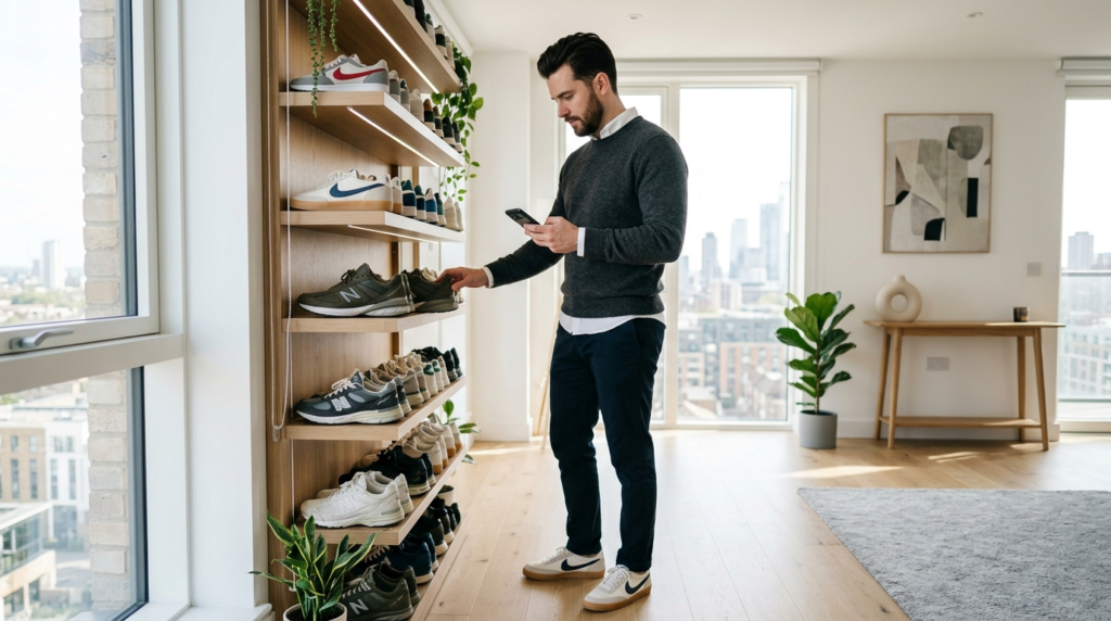 Modern urban man in business-casual attire standing in a con