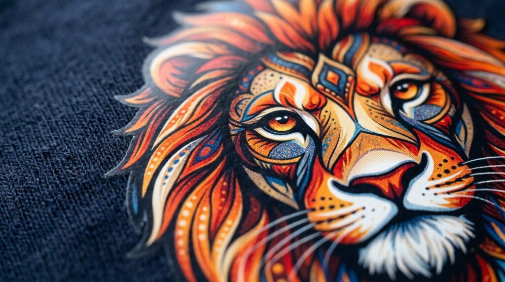 Close-up macro photograph of fabric texture showing DTF prin