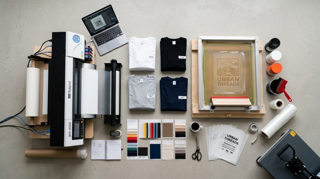 Flat lay overhead shot of a small clothing production worksp