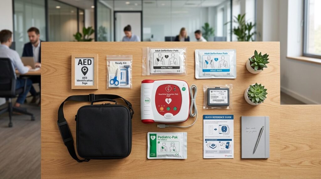 Overhead flat lay composition of AED defibrillator component