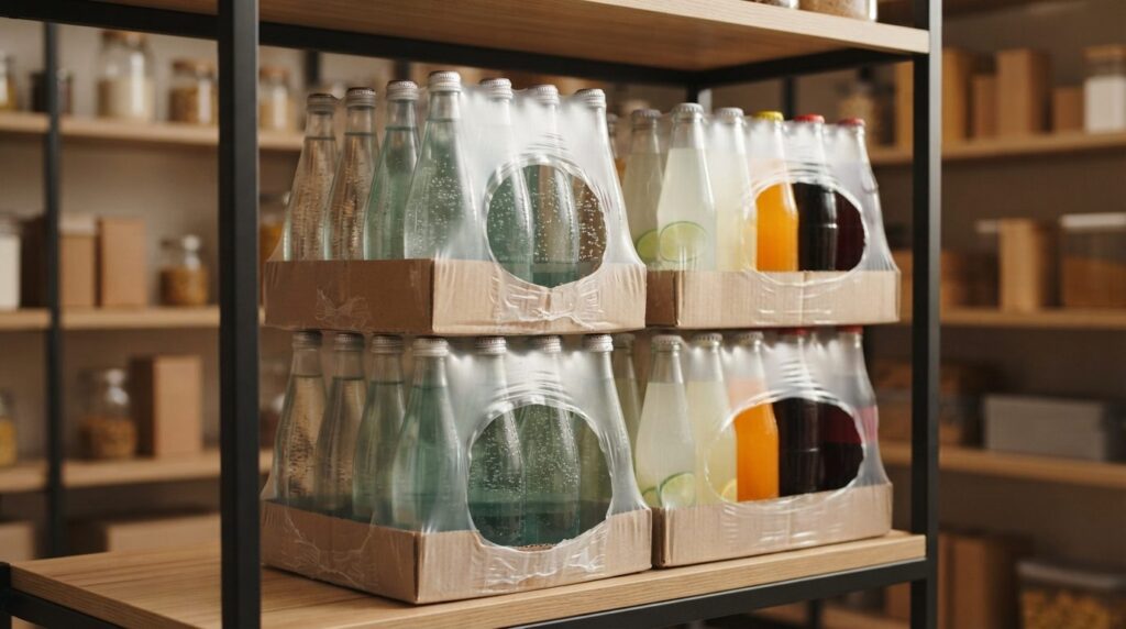 Close-up product photography of stacked beverage cases conta