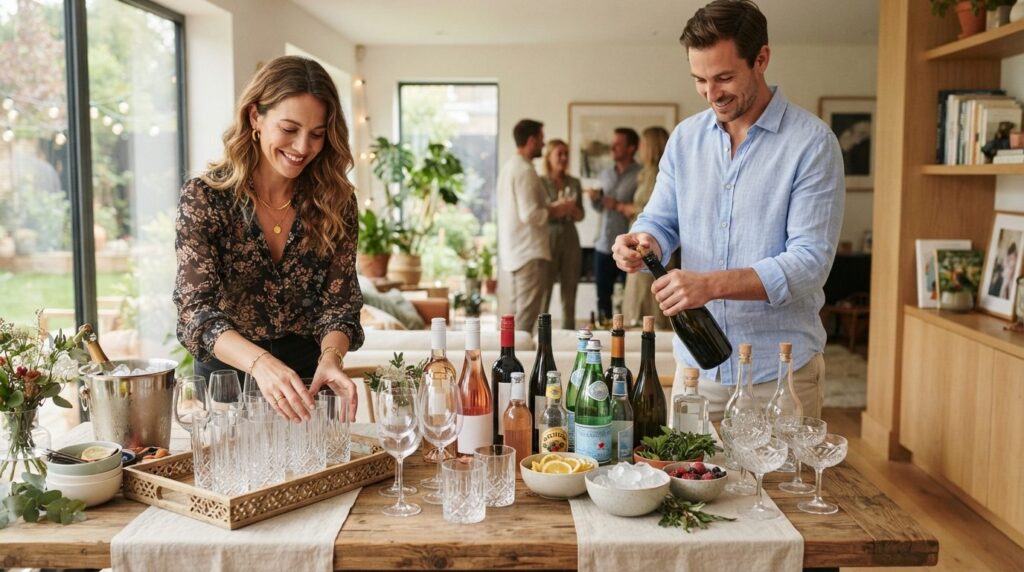 Lifestyle party preparation scene with guests in casual eleg