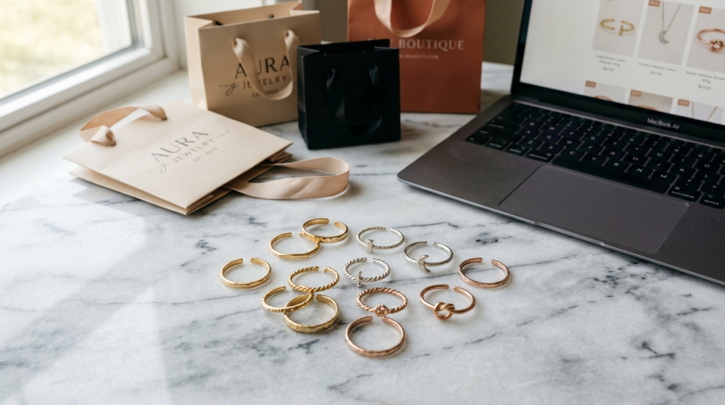 Close-up flat lay of multiple adjustable rings in different