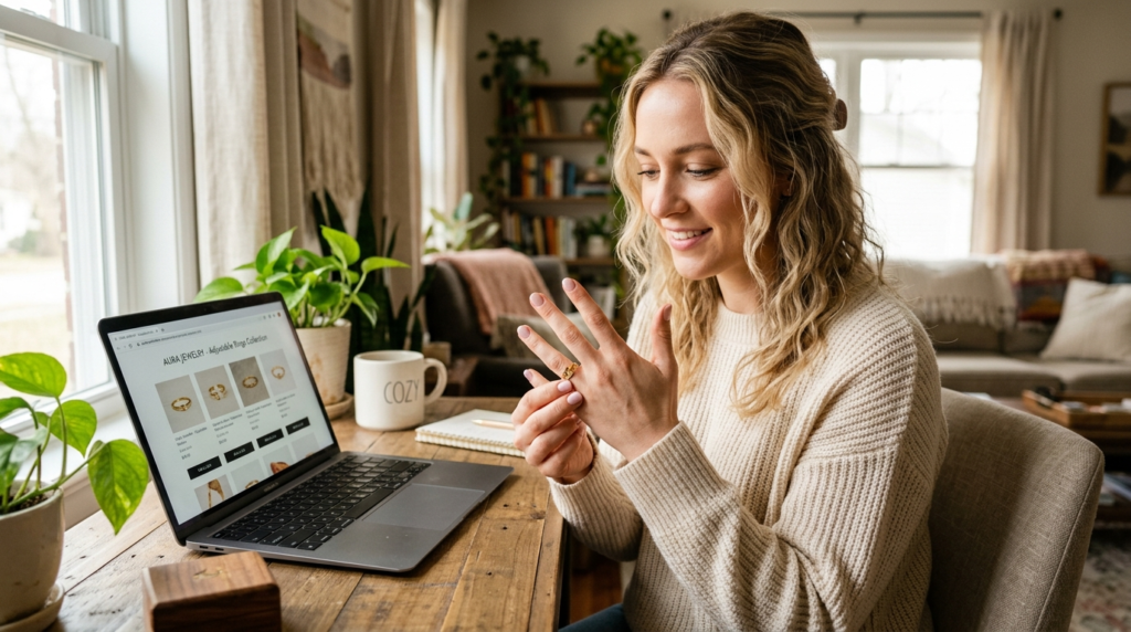 Woman trying on an adjustable ring at home while sitting wit