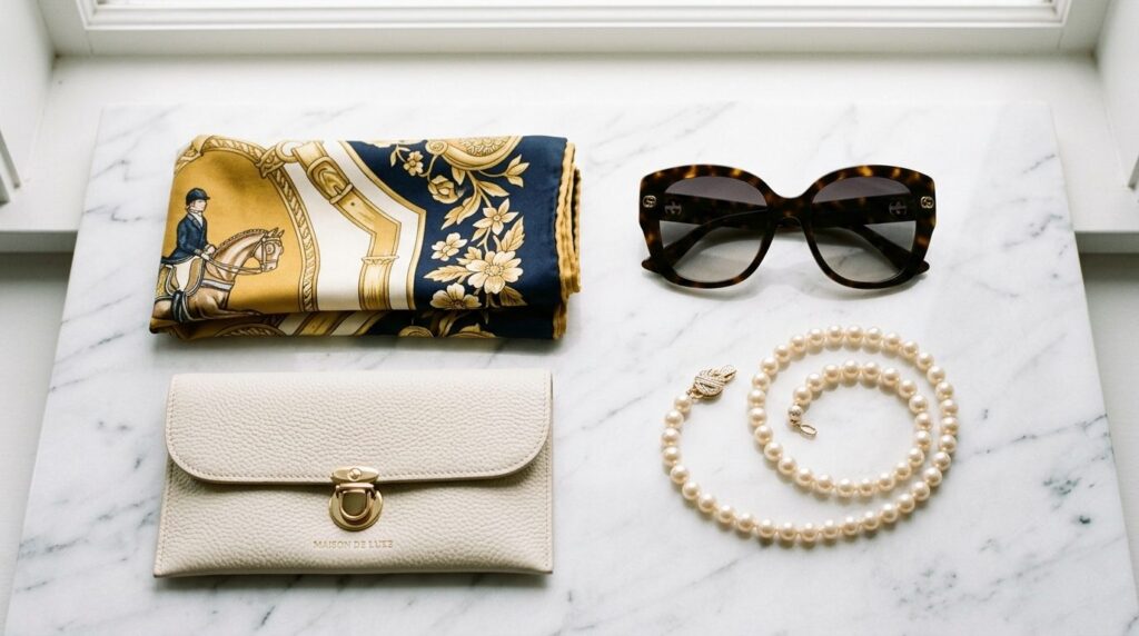 Close-up flat lay of luxury protective accessories arranged