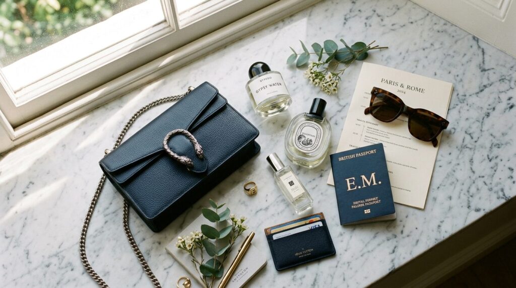 Flatlay photography: Luxury travel essentials arranged on ma