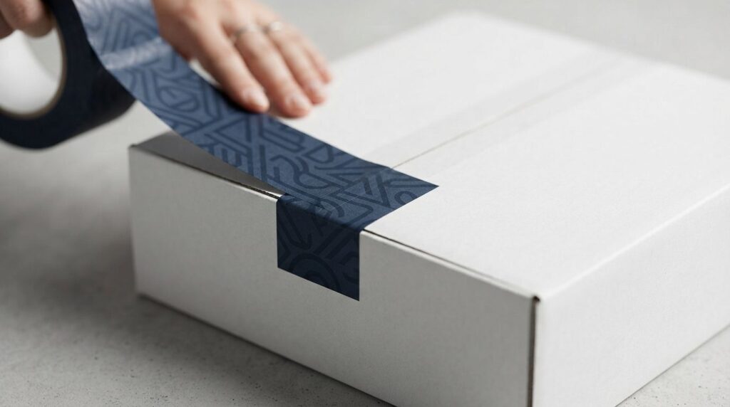 Close-up detail shot of custom logo tape being applied to lu