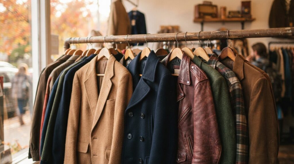 Close-up detail shot of vintage autumn jackets hanging on a