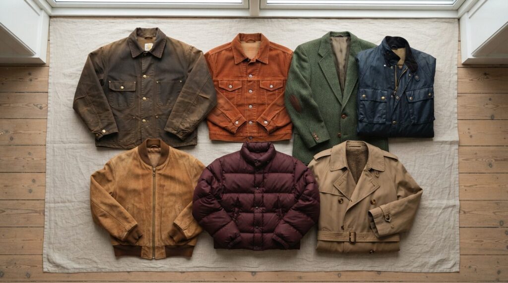Flatlay composition of carefully curated vintage jacket coll