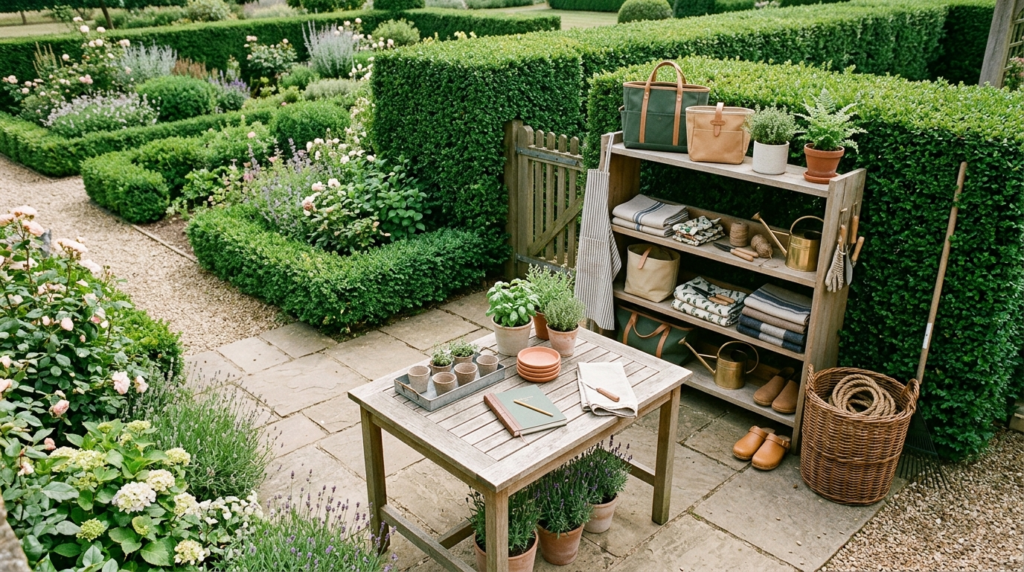 Wide overhead shot of a well-organized garden workspace show