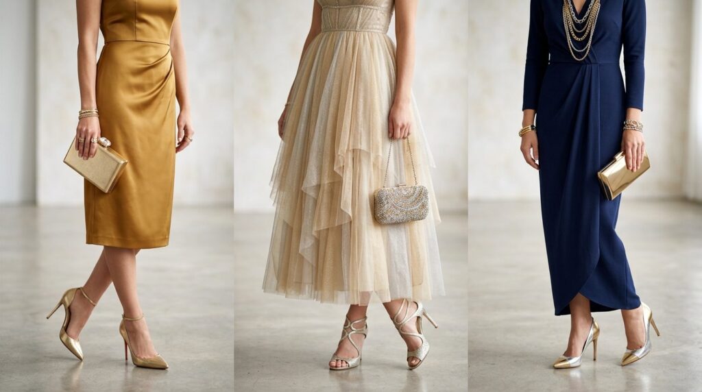 Close-up fashion photography of three womens outfit details