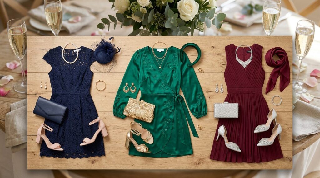 Overhead flat lay photography of coordinated wedding guest o