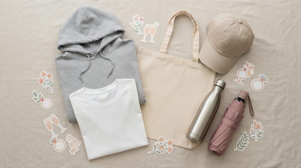 Flat lay fashion photography of matching bachelorette mercha