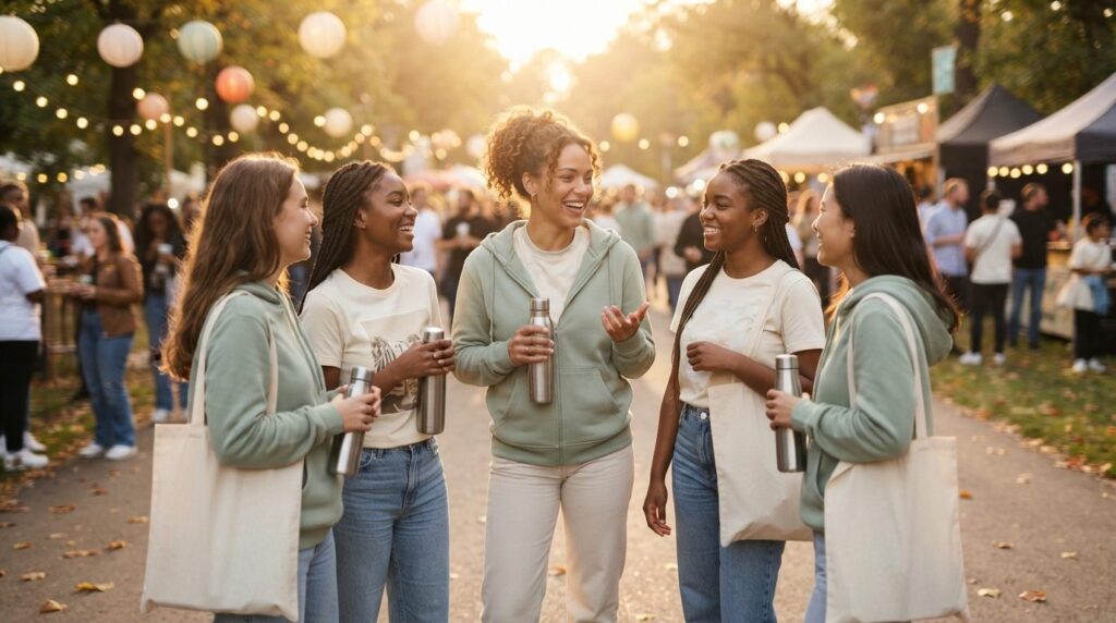Lifestyle fashion shot of women wearing coordinated branded