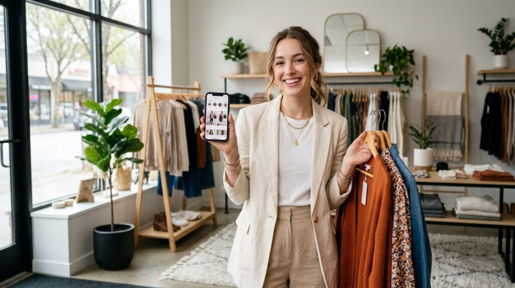 Young woman holding smartphone in one hand and stylish cloth