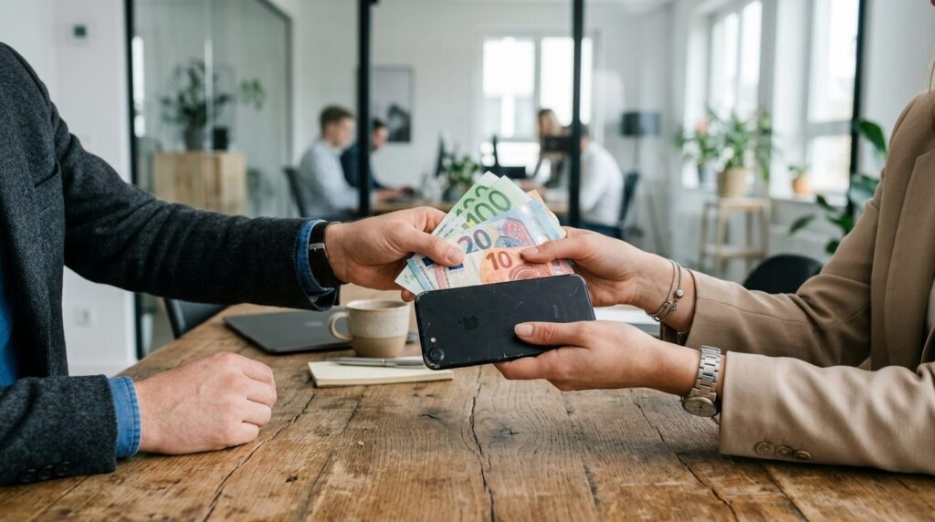 Close-up of hands exchanging money and old iPhone model on w