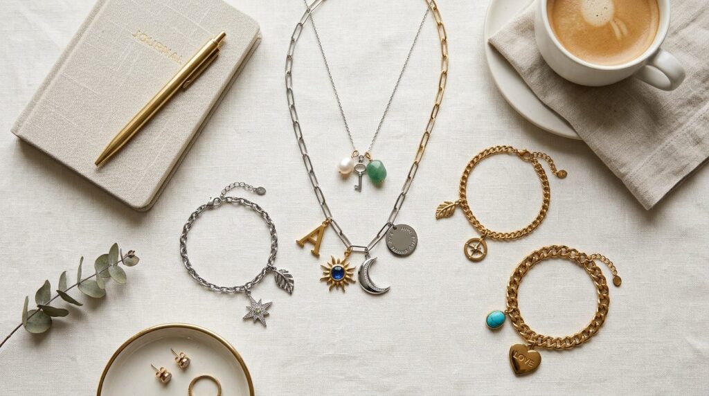 Flat lay luxury jewelry styling of charm necklaces and brace