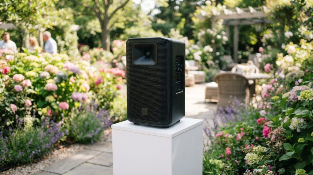 Close-up detail shot of modern compact PA speaker system in