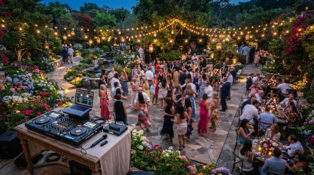 Overhead view of stylish garden party scene with guests in d