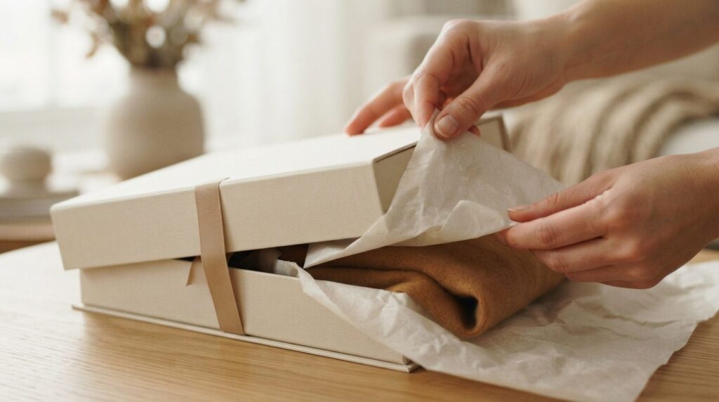 Close-up detail shot of luxury unboxing experience, hands ca