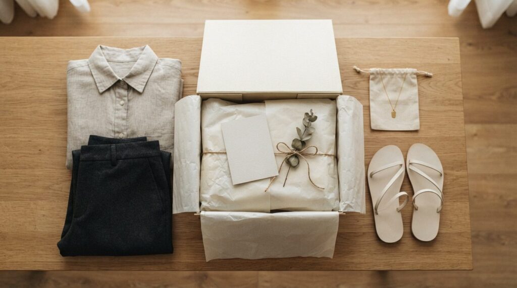 Flat lay composition of complete unboxing elements for fashi