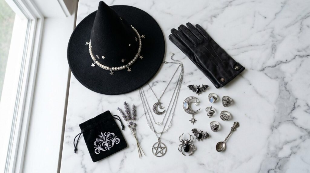 Flat lay fashion photography of witch costume accessories ar
