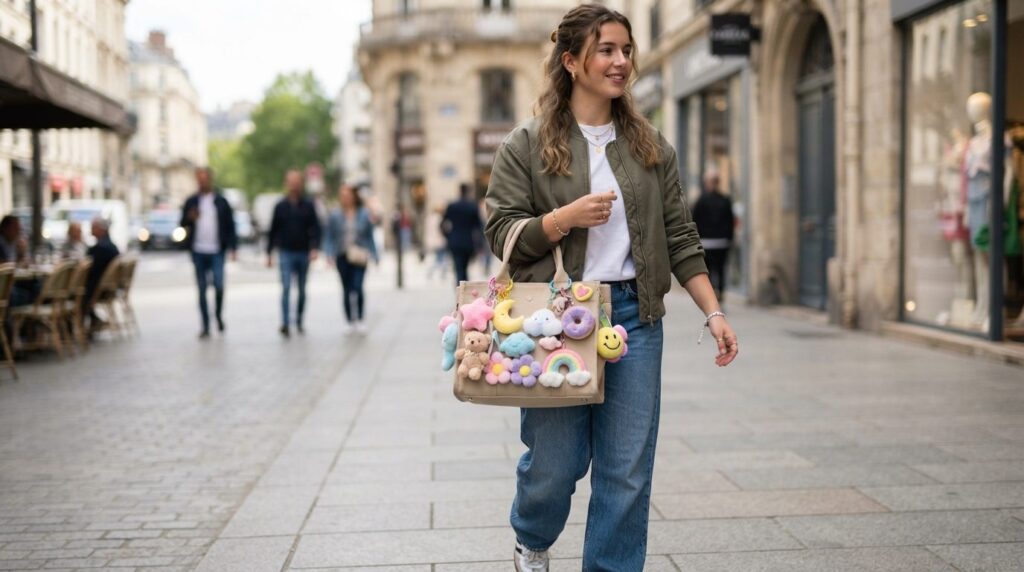 Street style fashion photograph of a young woman holding a s