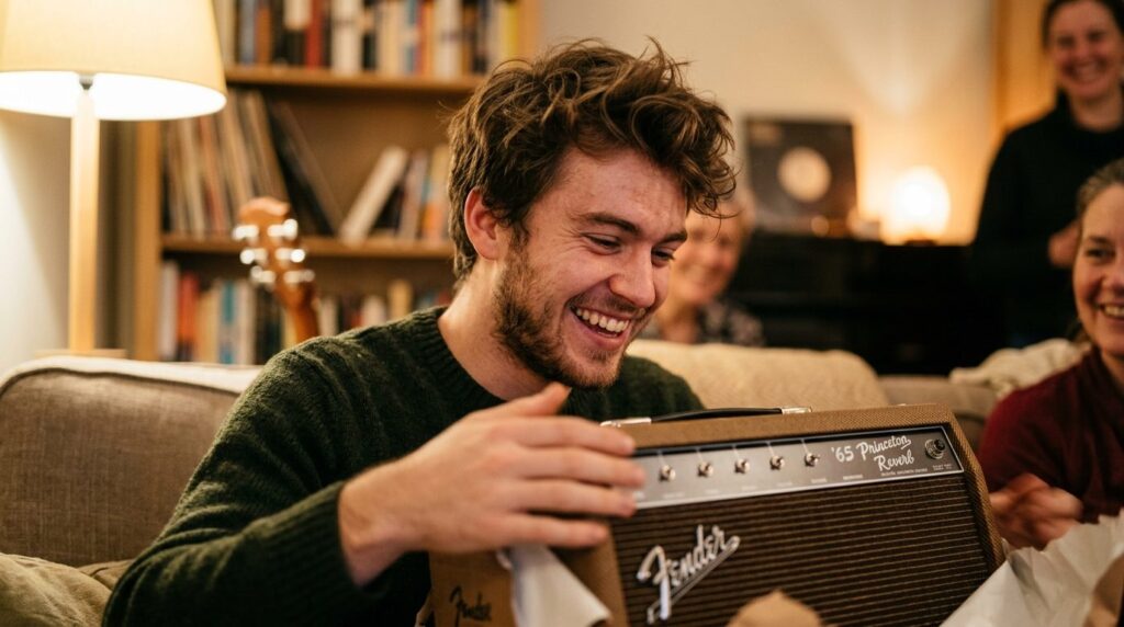 Ung mand smiler og ser inspireret ud, oplyst af varmt lys.