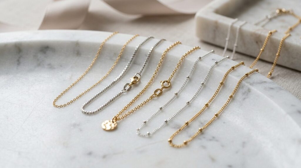 Close-up detail shot of delicate gold and silver chain neckl