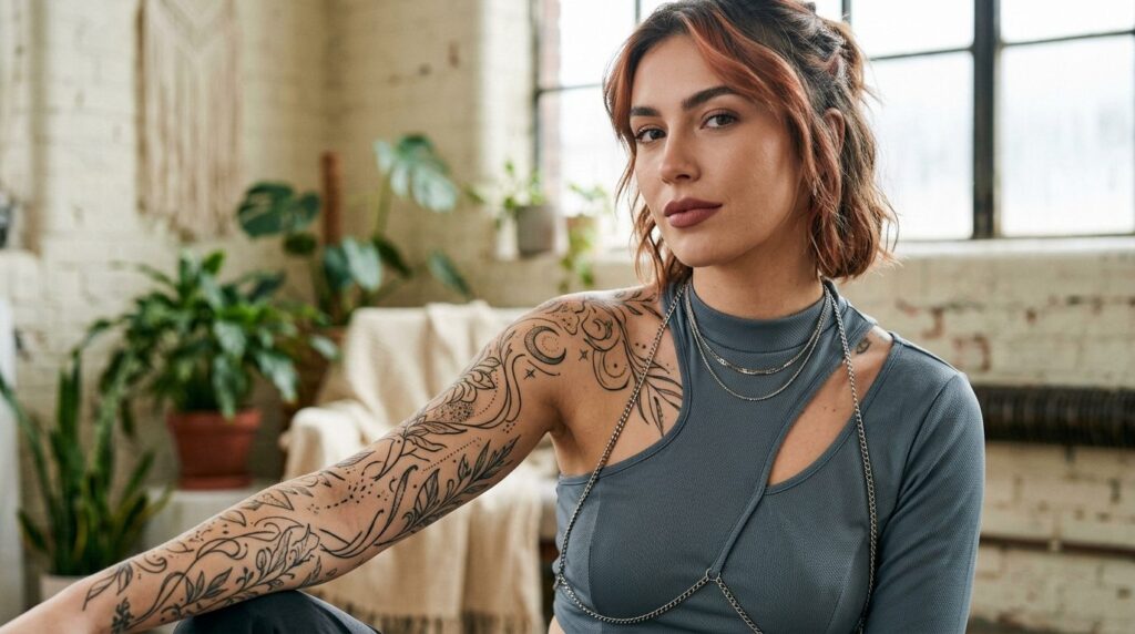 Close-up portrait of a fashionable woman with stylish custom