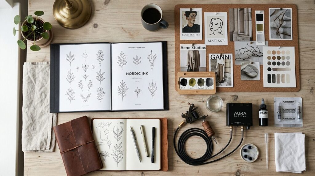 Overhead flat lay of a Copenhagen tattoo artists workspace 