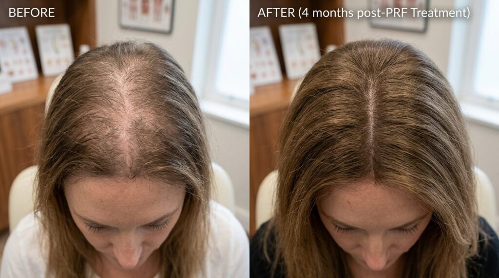 Before and after split-screen comparison of a womans scalp