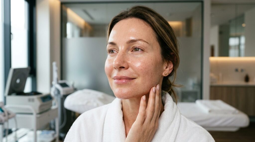Luxurious close-up of a womans glowing, radiant skin after
