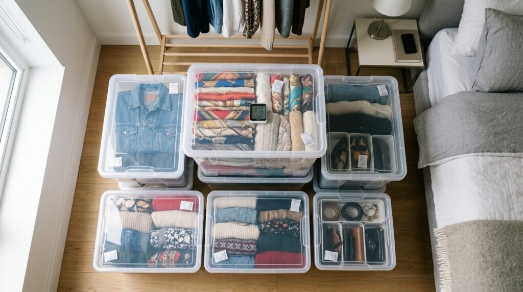 Overhead view of neatly organized vintage clothing and fashi